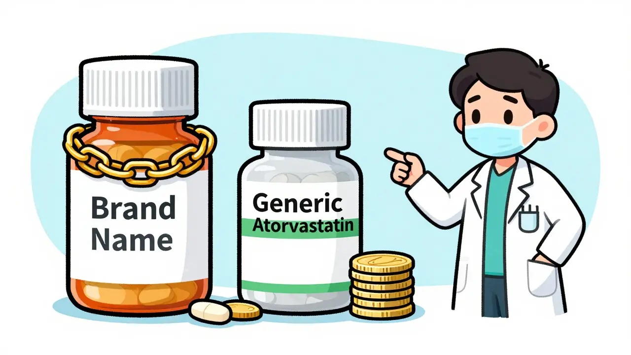 Illustration comparing expensive brand-name drugs with affordable generic alternatives.