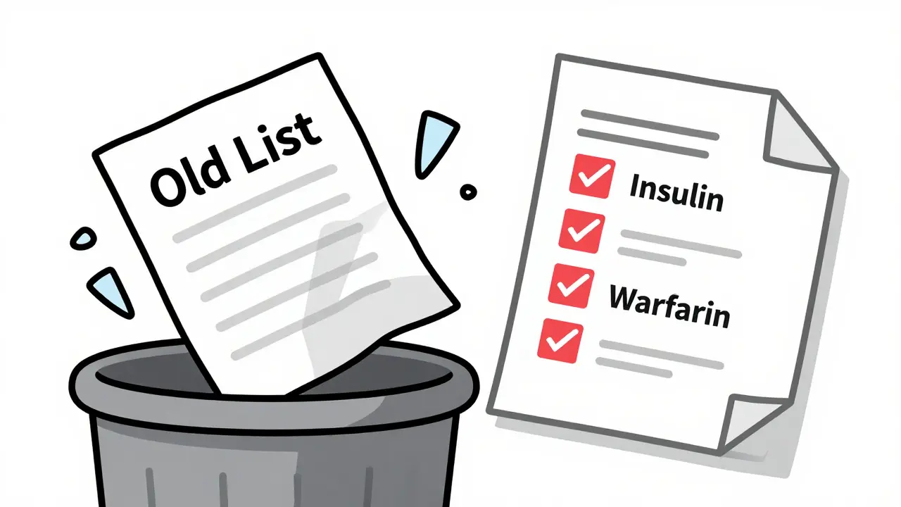 Illustration comparing messy old med list to structured safety list