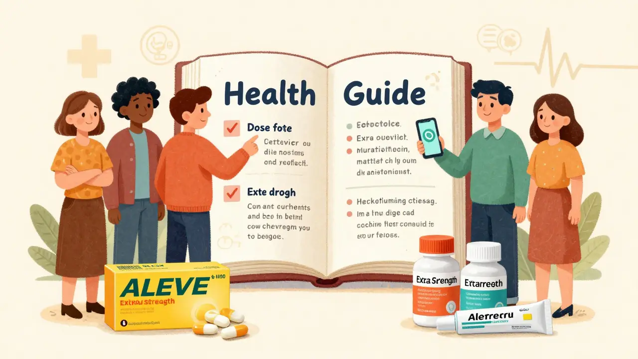 Illustration of different Aleve forms and health safety tips