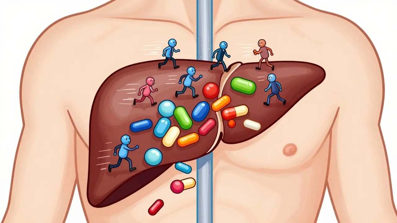 Illustration of liver enzymes breaking down hormones rapidly