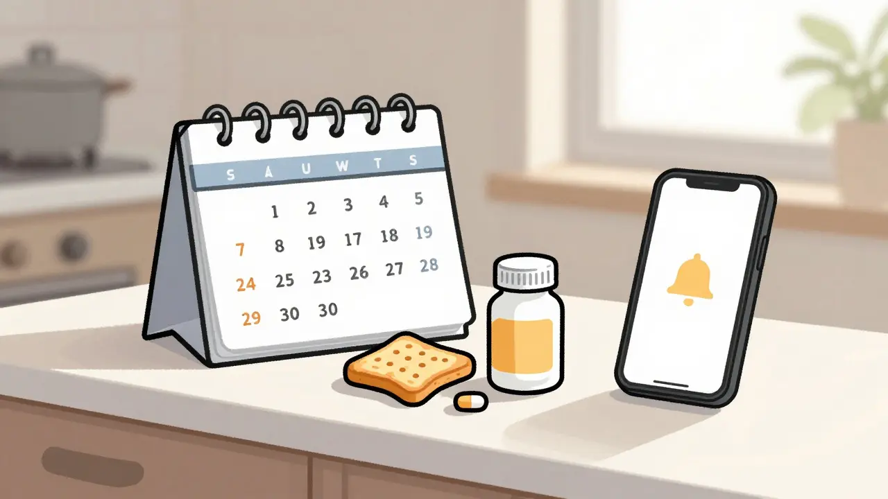 Kitchen counter with toast, pill bottle, and calendar emphasizing consistent routine
