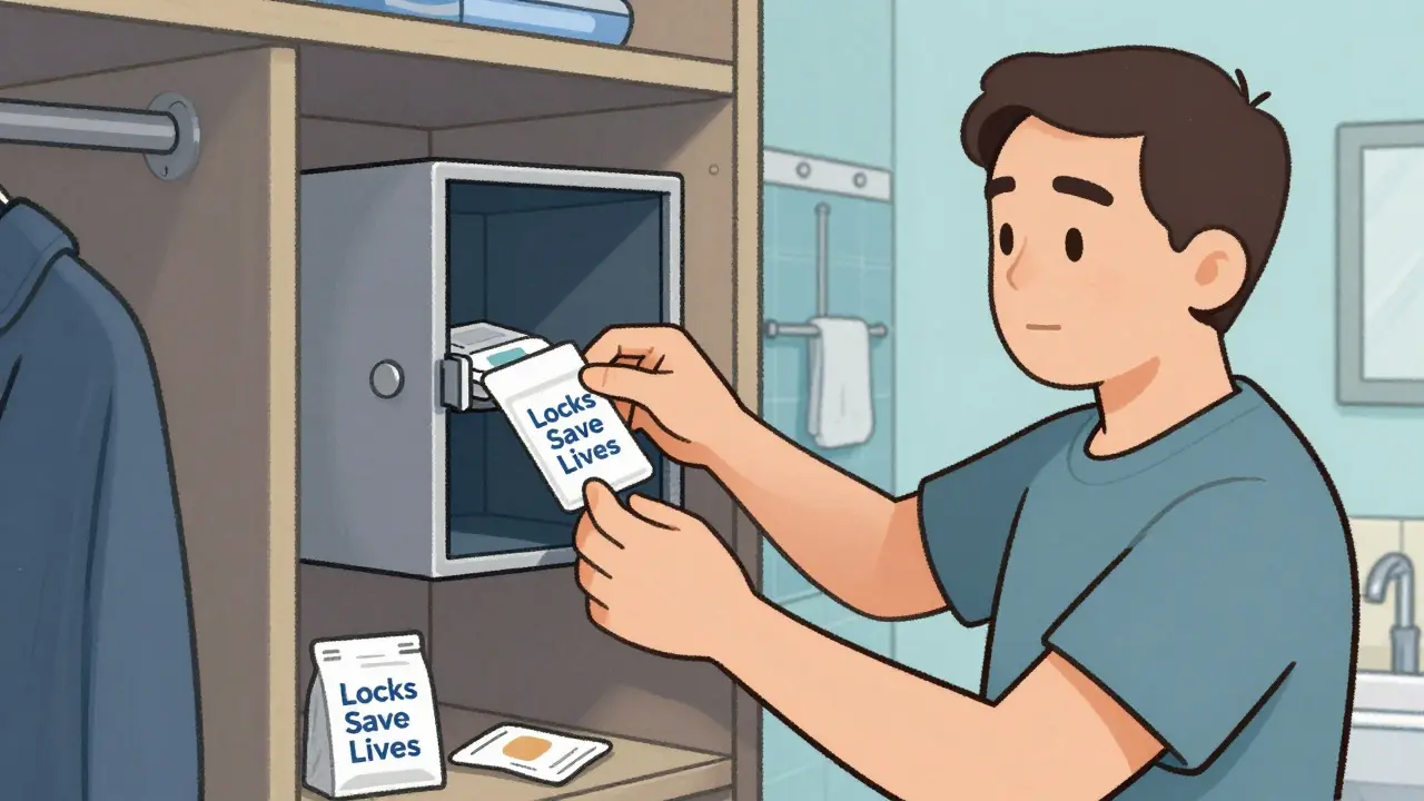 Adult securing a fentanyl patch in a wall-mounted lockbox