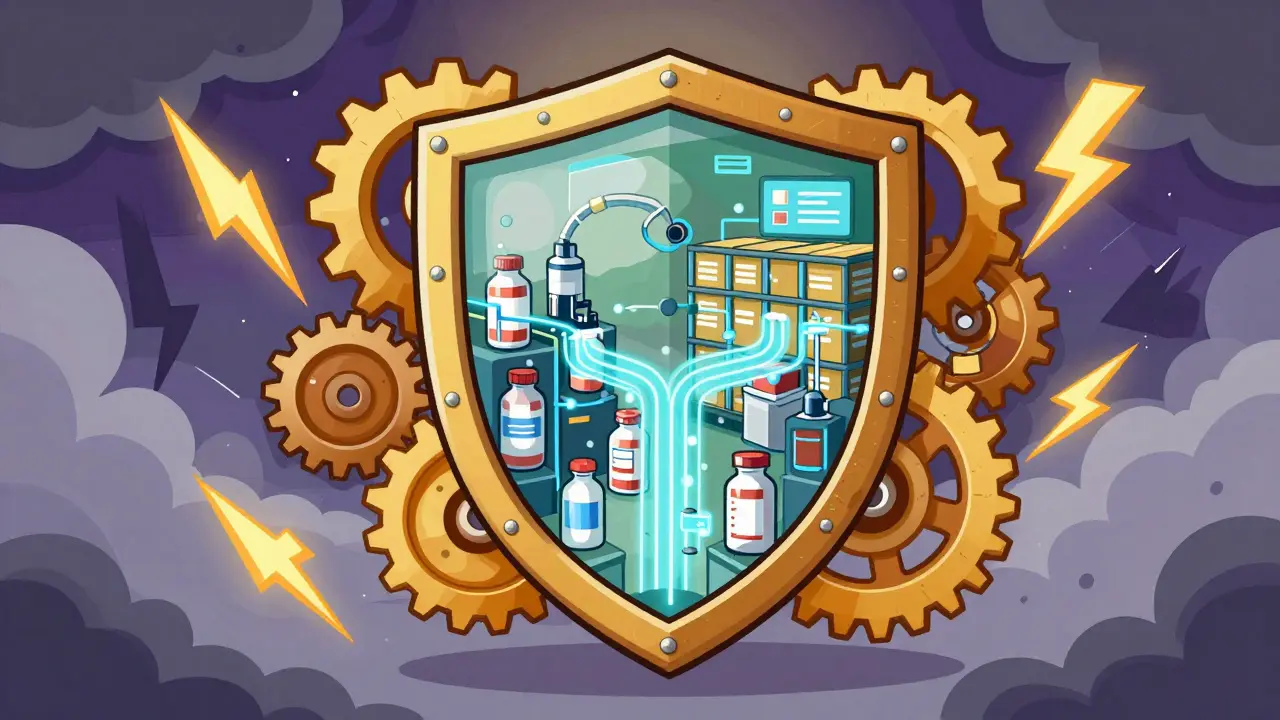 AI and tech shield protecting medicine warehouse from storms
