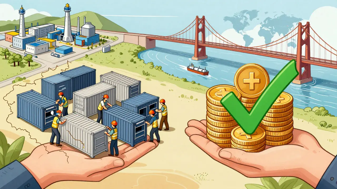 Balanced scale showing modular factories and resilient costs