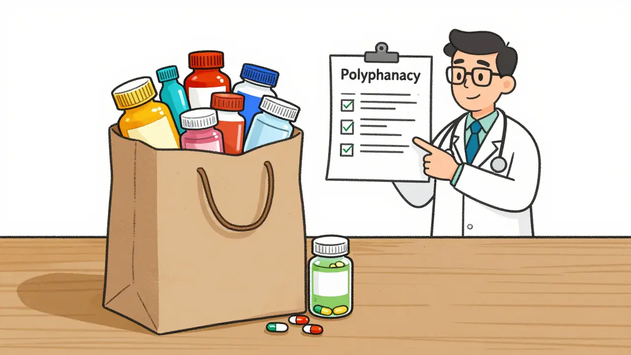 Brown bag full of pills next to a simplified medication list on a table