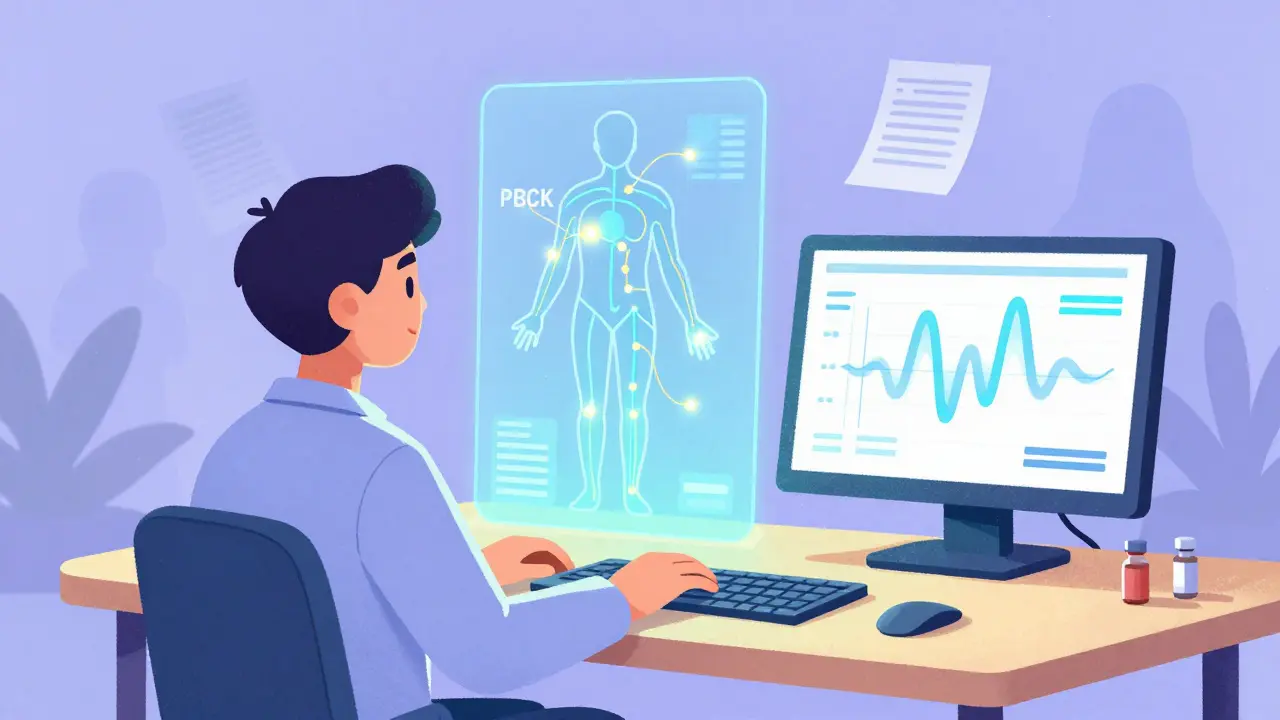 Cartoon of a researcher using holographic body mapping for drug development modeling.