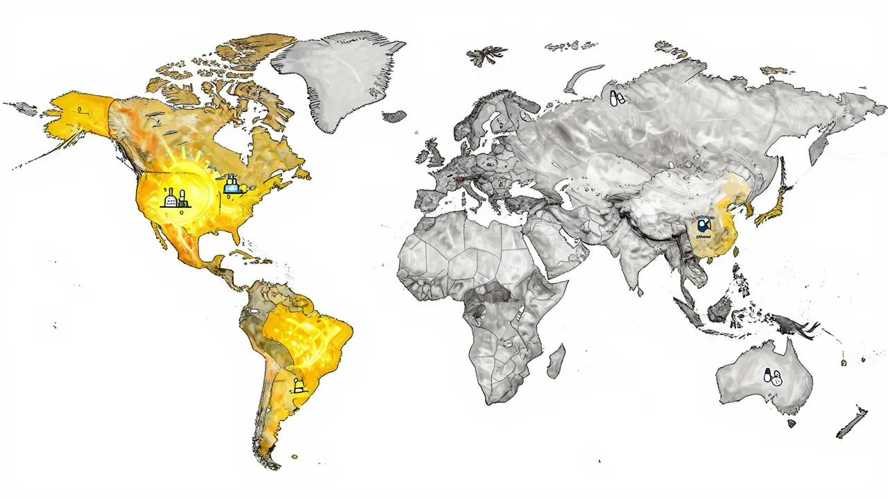 Cartoon world map highlighting Asia's growth in the generic pharmaceutical industry.