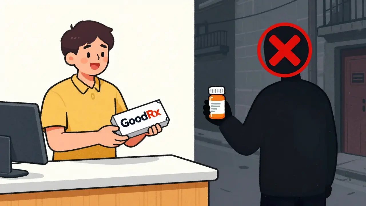 Comparison of safe coupon savings vs fake pharmacy risks