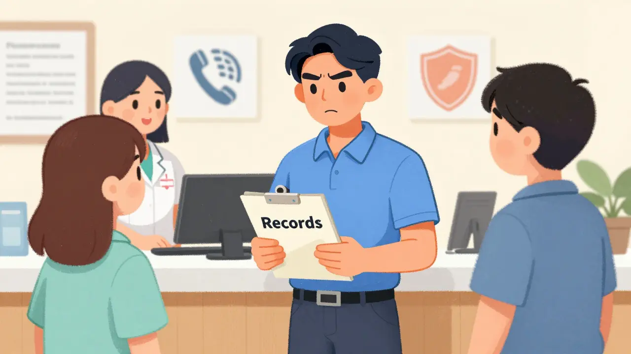 Family member discussing patient records with healthcare staff at a desk