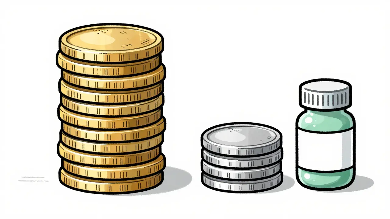 Illustration comparing high brand costs vs low generic costs