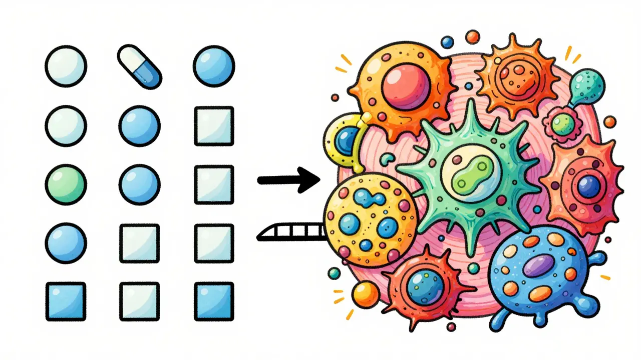 Illustration comparing simple generic pills to complex biological molecules.