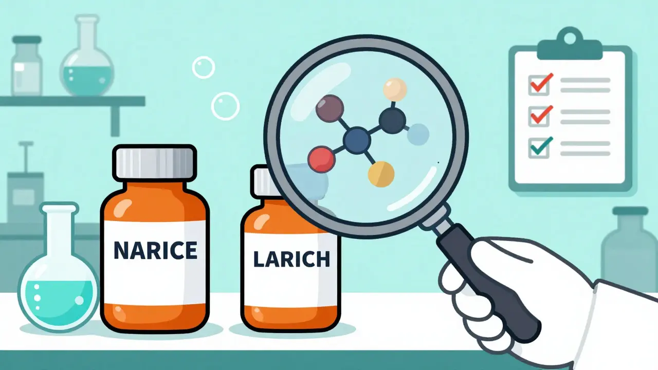 Illustration of a scientist comparing generic and brand pills under a magnifying glass.