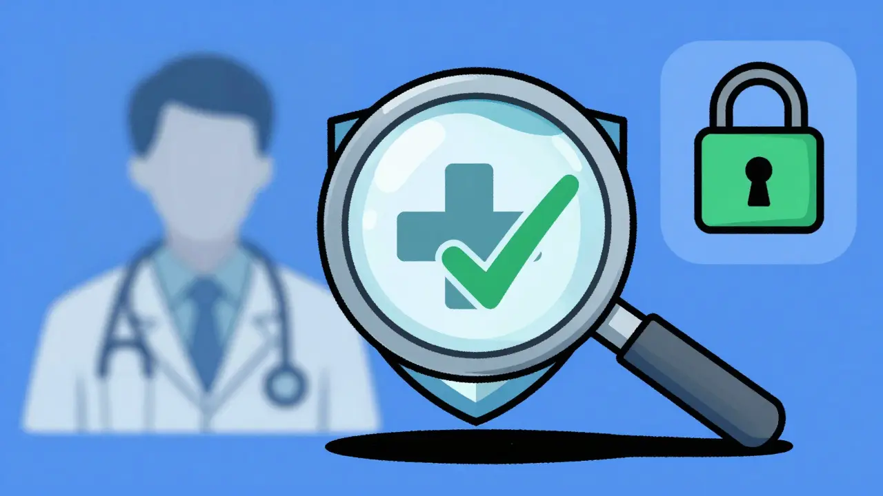 Magnifying glass over shield symbolizing safe online pharmacy