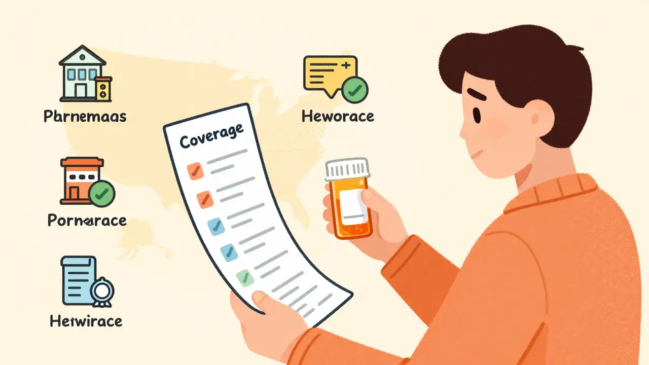 Person checking prescription against insurance formulary