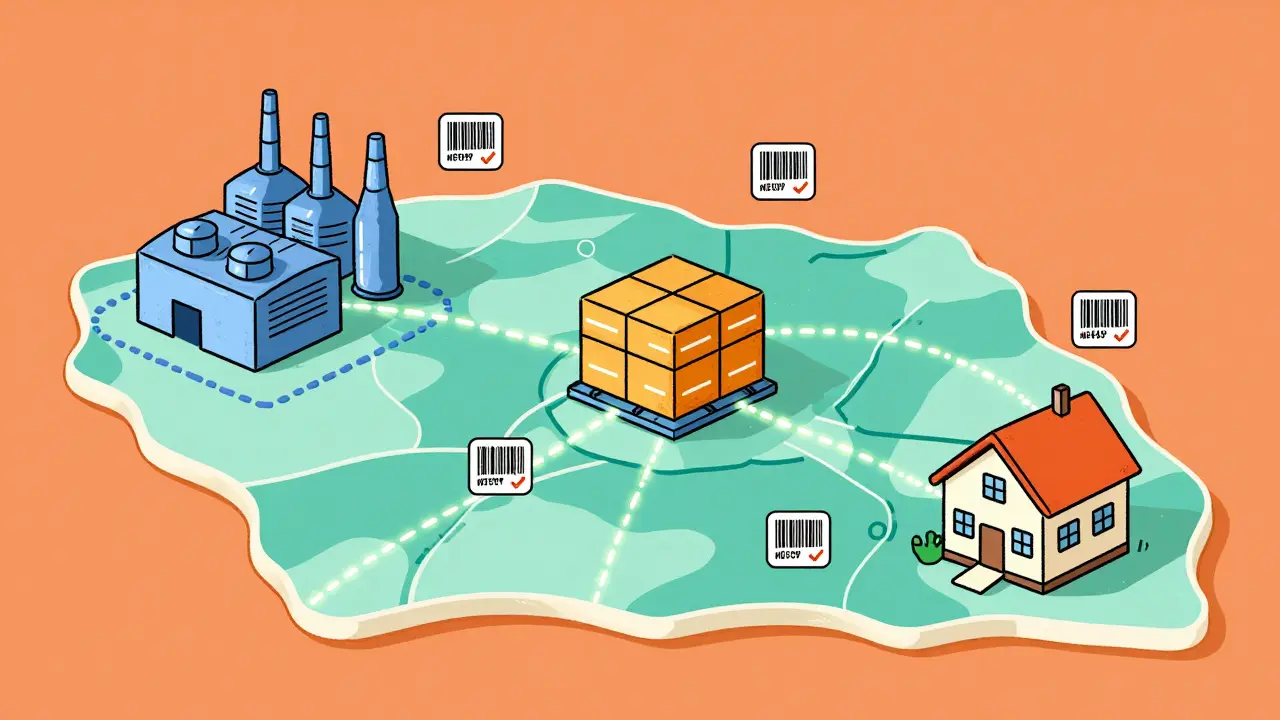 Stylized map showing secure tracking and verification of medication delivery