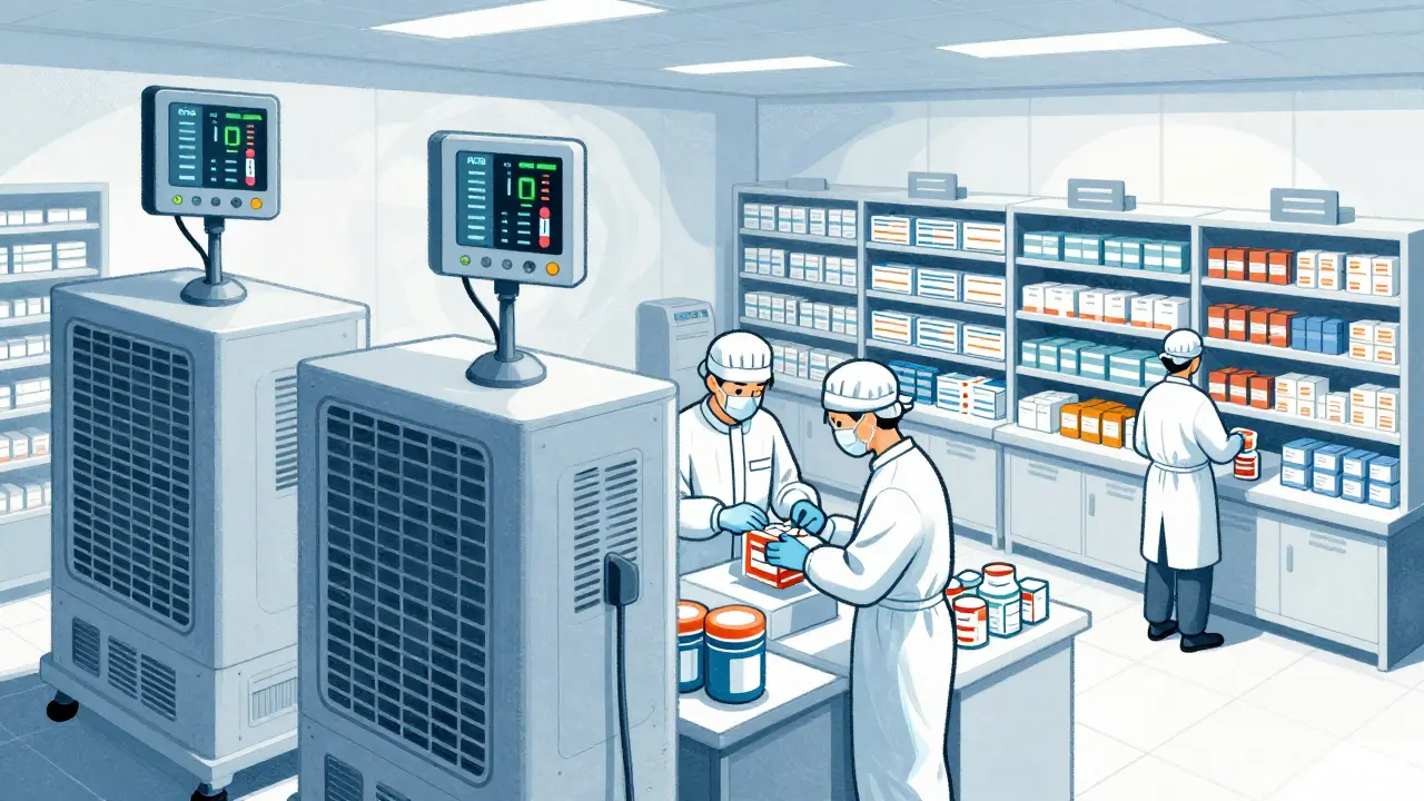 Workers in a modern pharmacy warehouse packing meds with temperature controls