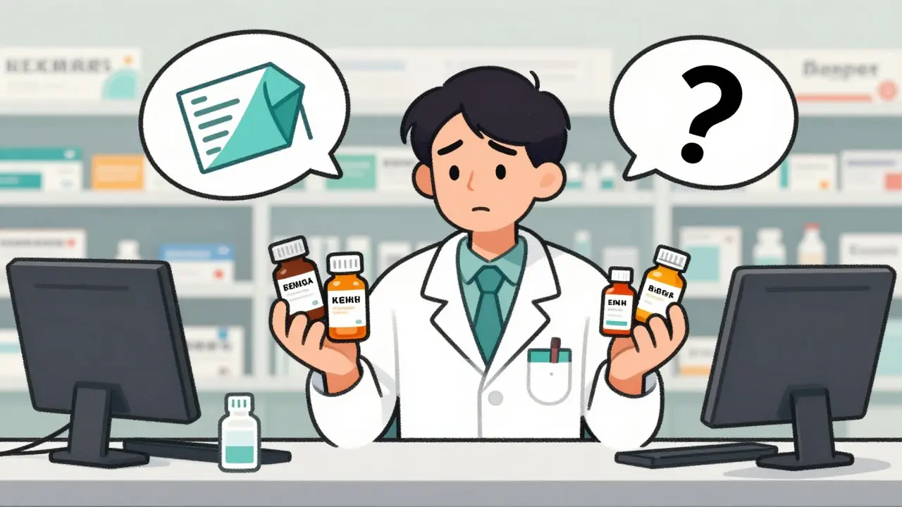 A confused pharmacist comparing brand, authorized generic, and traditional generic pills.