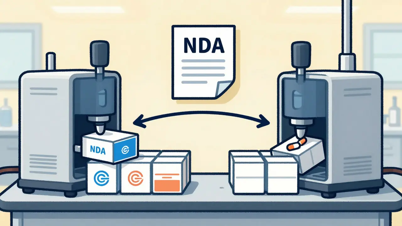 A production line filling identical pills into branded and plain generic boxes.