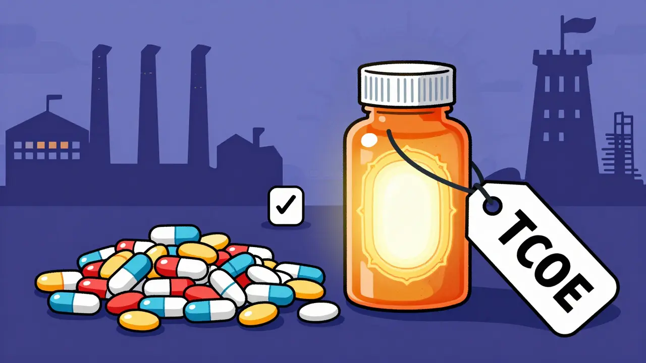 Cartoon comparison of cheap generic pills vs expensive brand drug