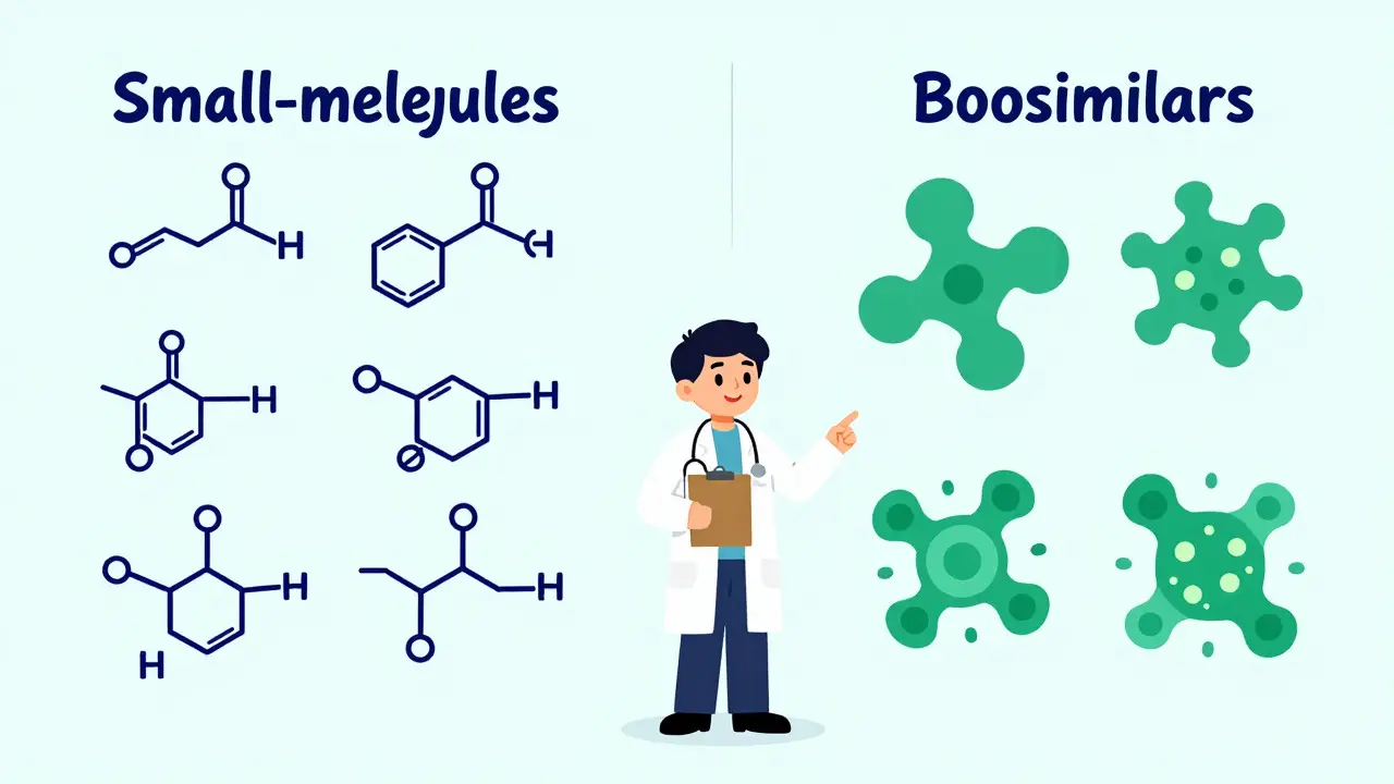 Cartoon comparison of chemical generics versus biological biosimilars