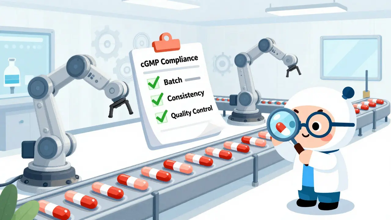 Cartoon of pill manufacturing line with quality control checks