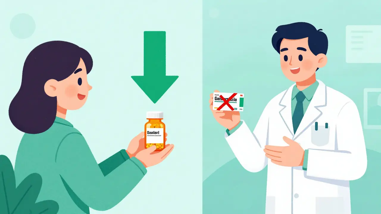 Cartoon showing pharmacist promoting generic drugs over brand names