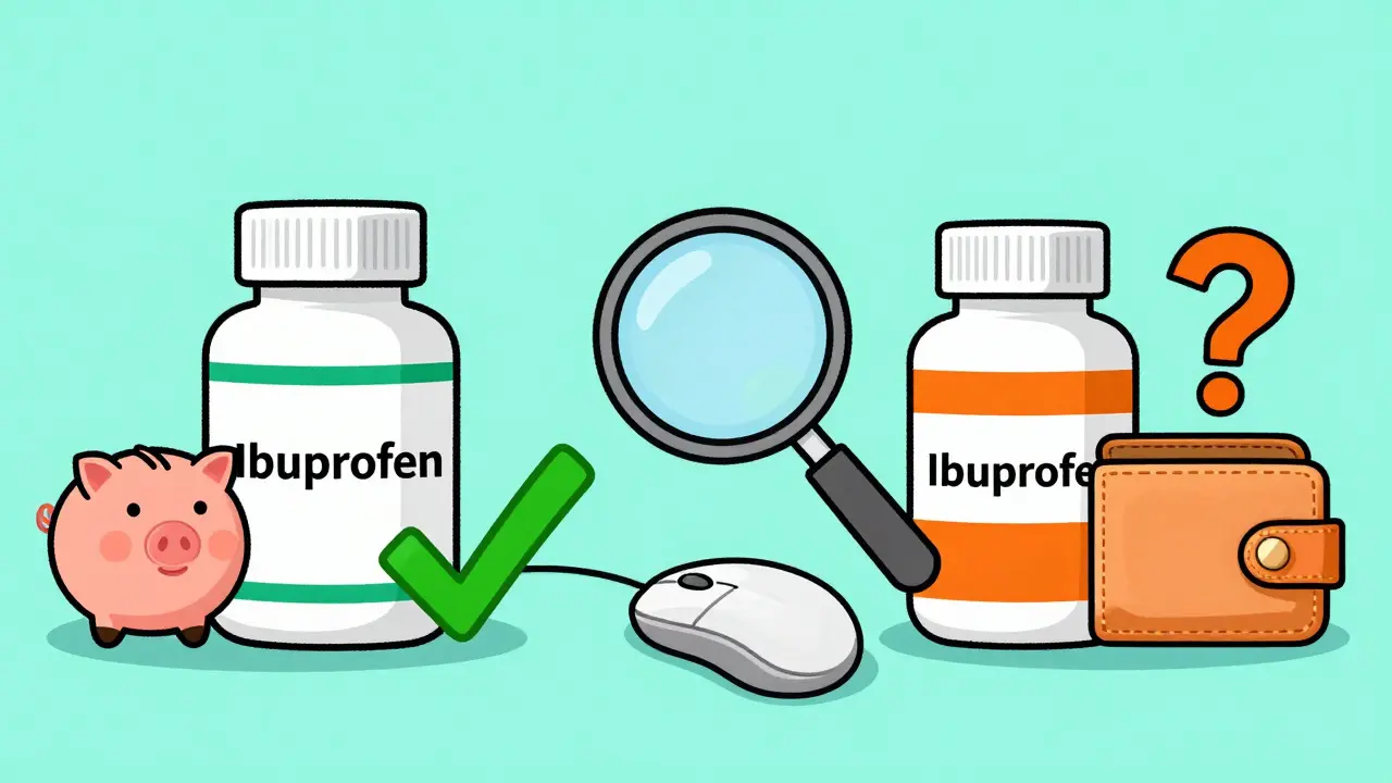 Generic ibuprofen bottle compared to branded one with savings icon