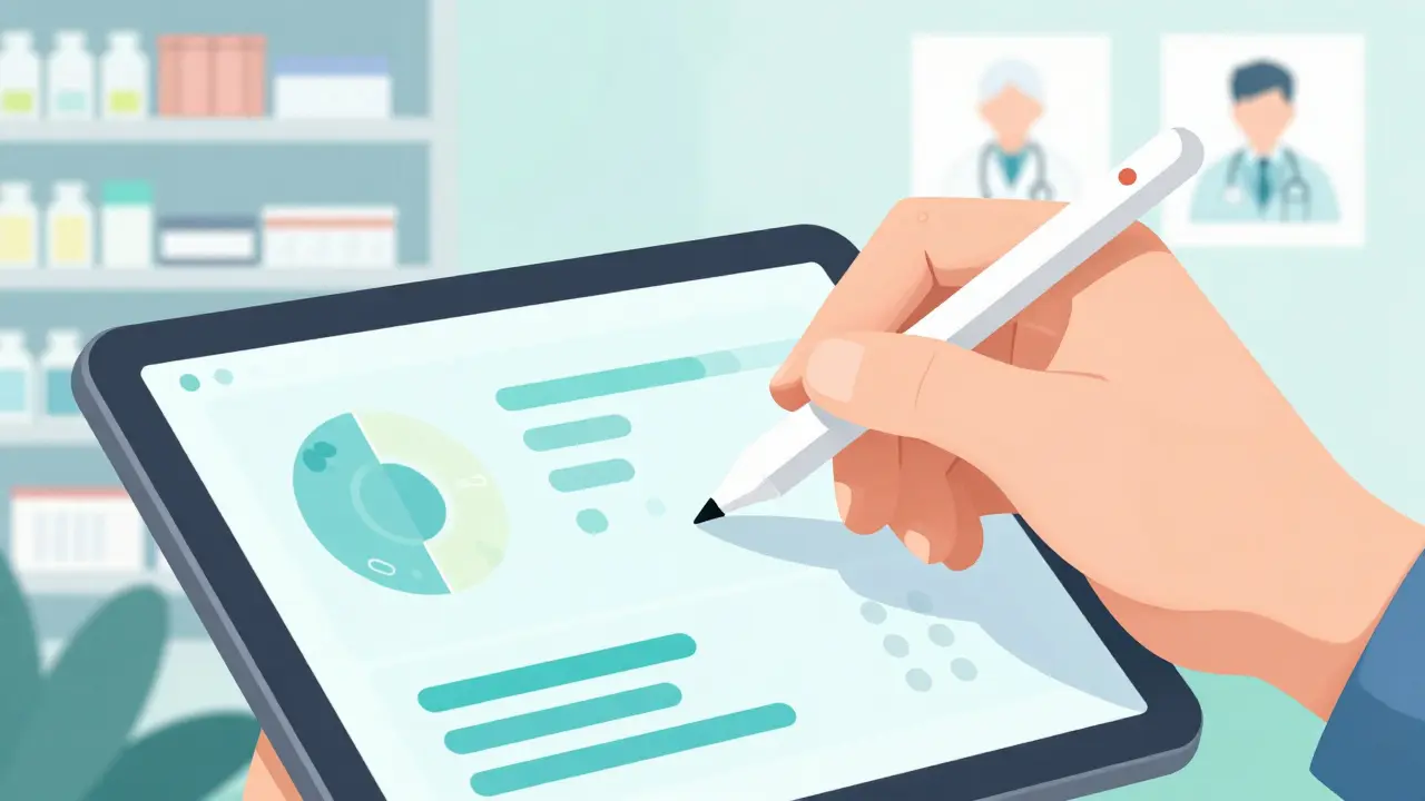 Hand using a tablet to compare abstract medication costs and plan details.