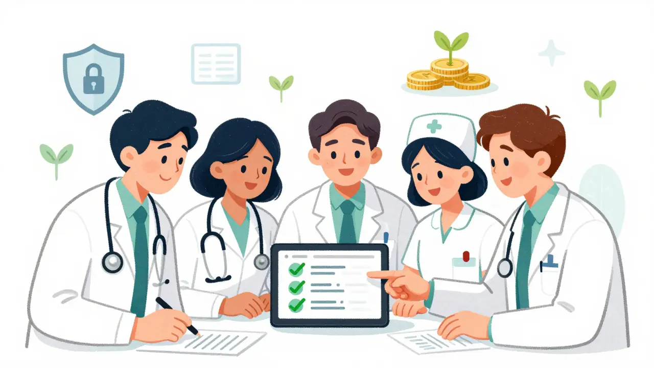 Healthcare team collaborating over tablet with success metrics