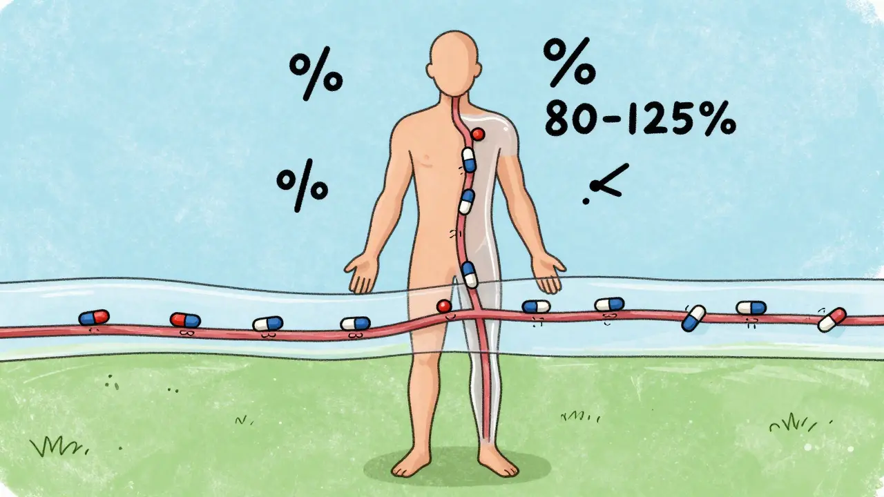 Illustration of generic and brand molecules moving identically in bloodstream