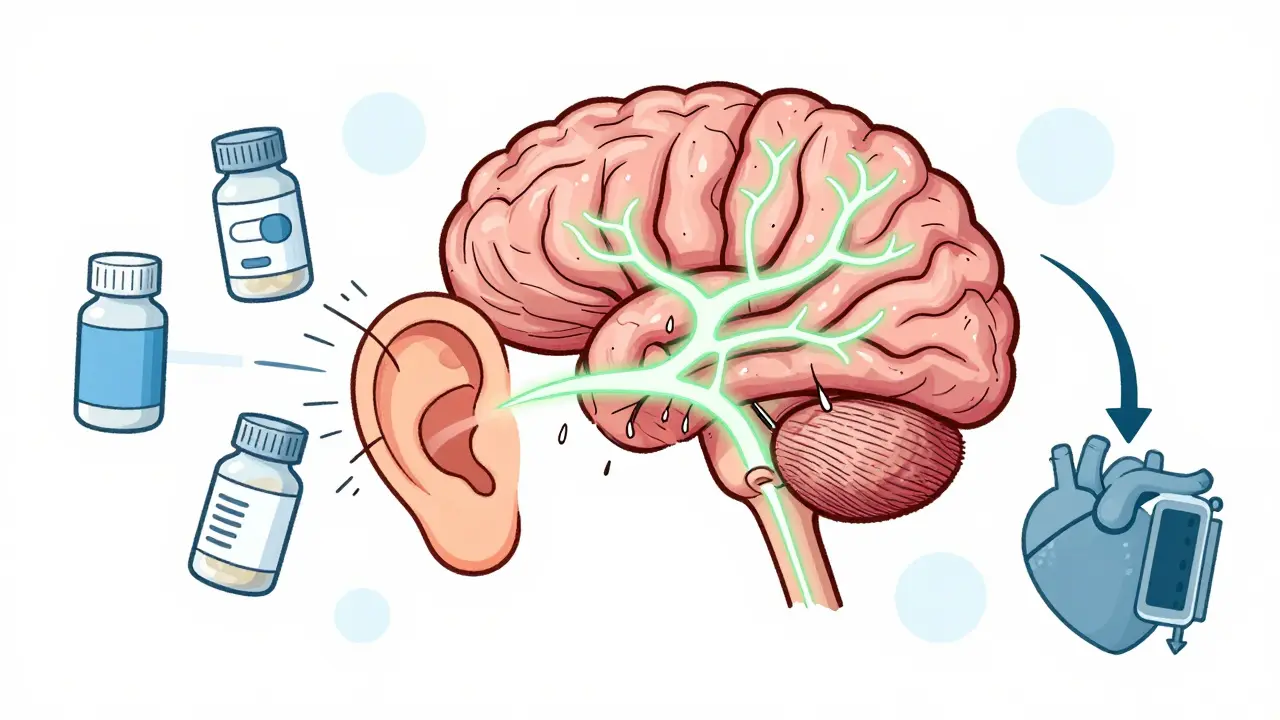 Illustration of inner ear and brain showing how pills affect balance and blood pressure