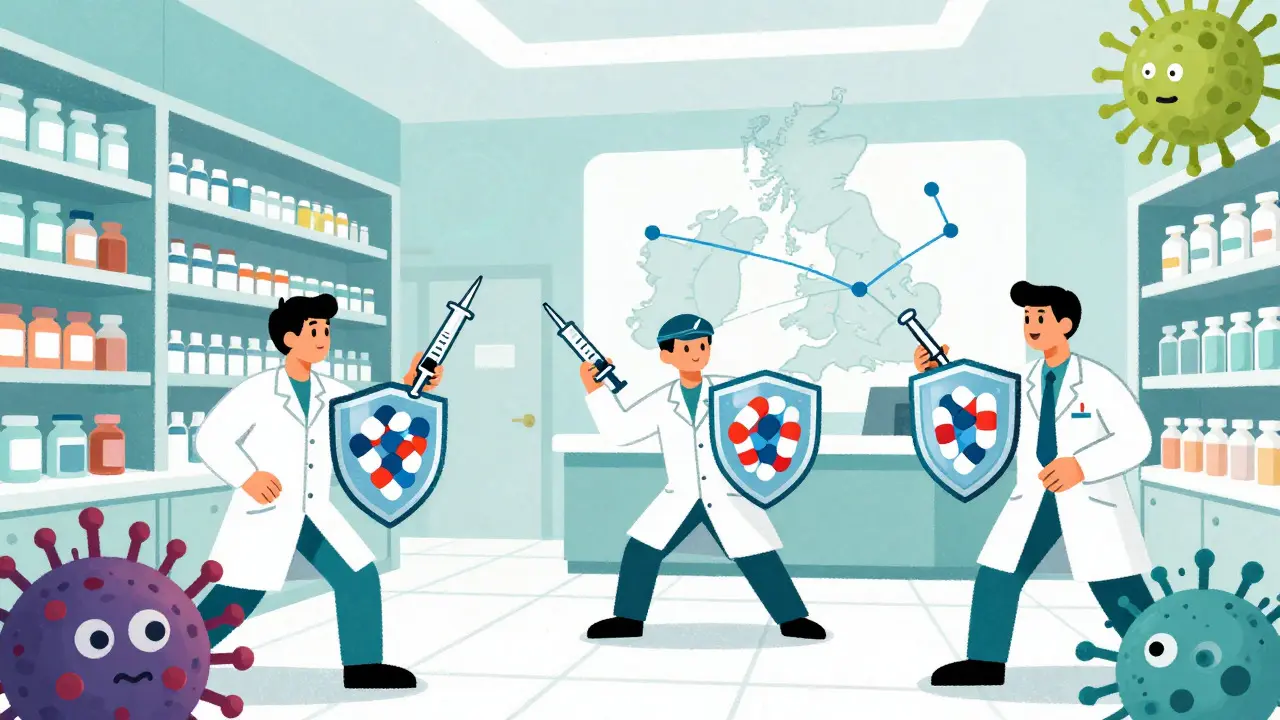Illustration of pharmacists as public health heroes protecting community