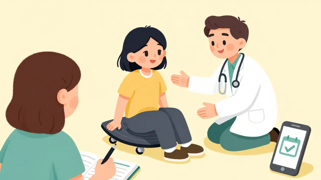 Patient doing balance exercises with therapist, notebook and phone nearby
