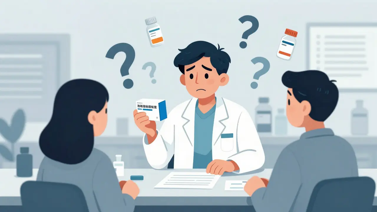 Pharmacist looking confused at medication boxes and charts with question marks