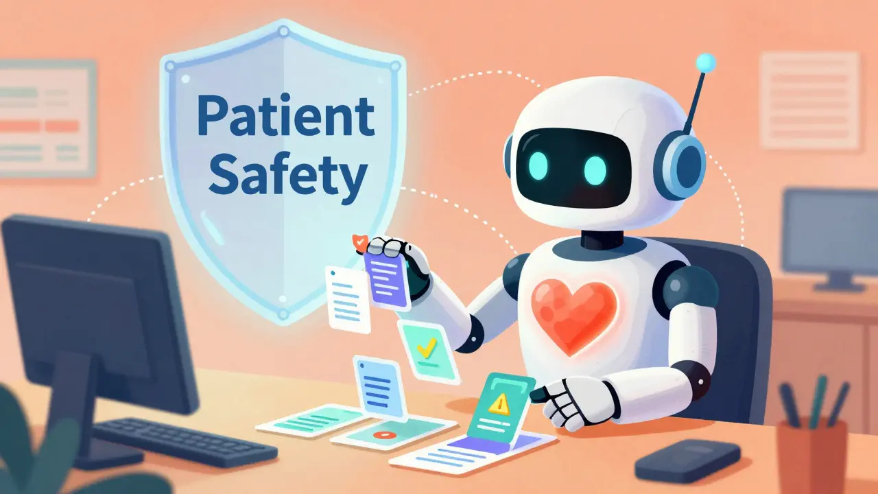 Robot analyzing data cards to protect patient safety with a glowing shield