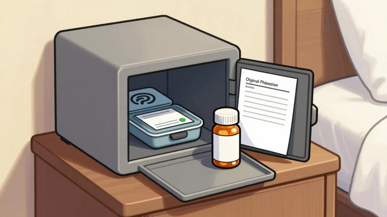 Secure hotel safe with medication case and prescription documents.