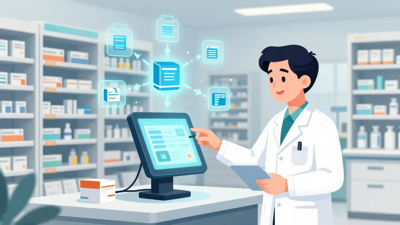 Smart pharmacy kiosk with data icons and dispensing cabinets