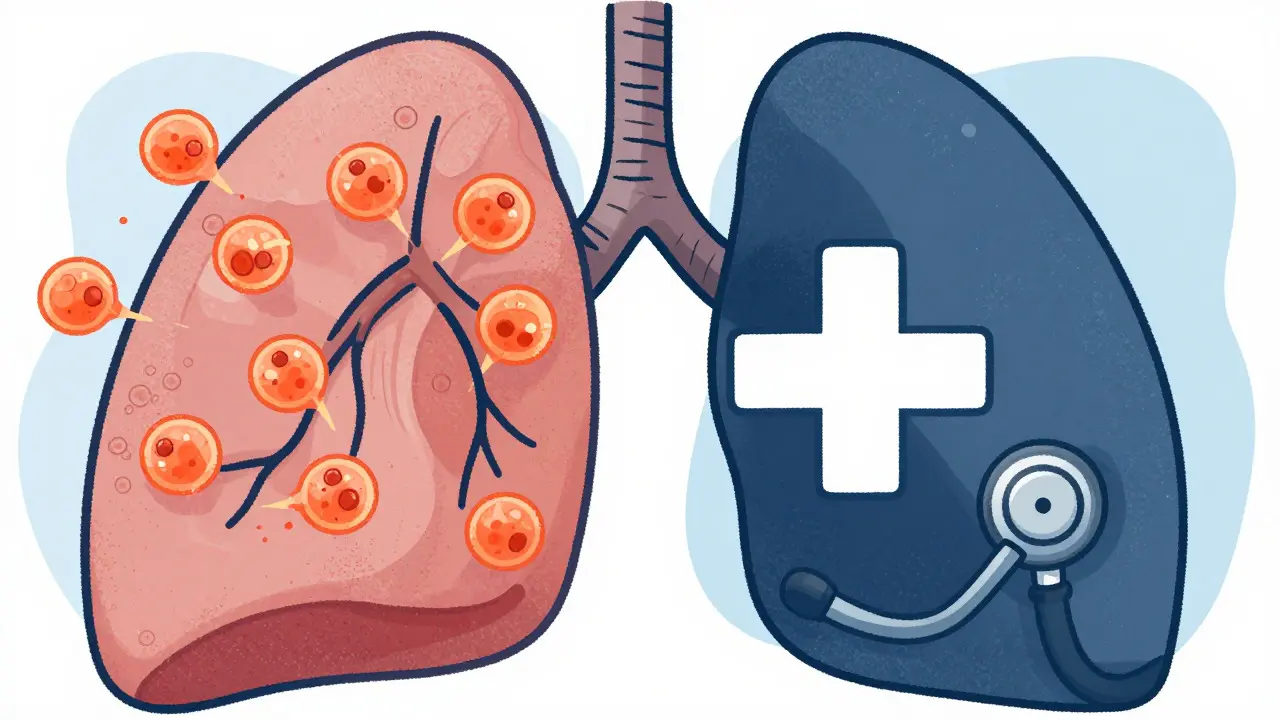 Stylized lung illustration showing high vs low eosinophil activity zones
