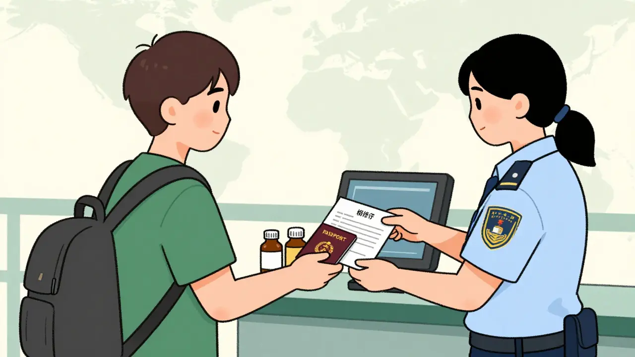 Traveler presenting meds and letters to customs officer at border.