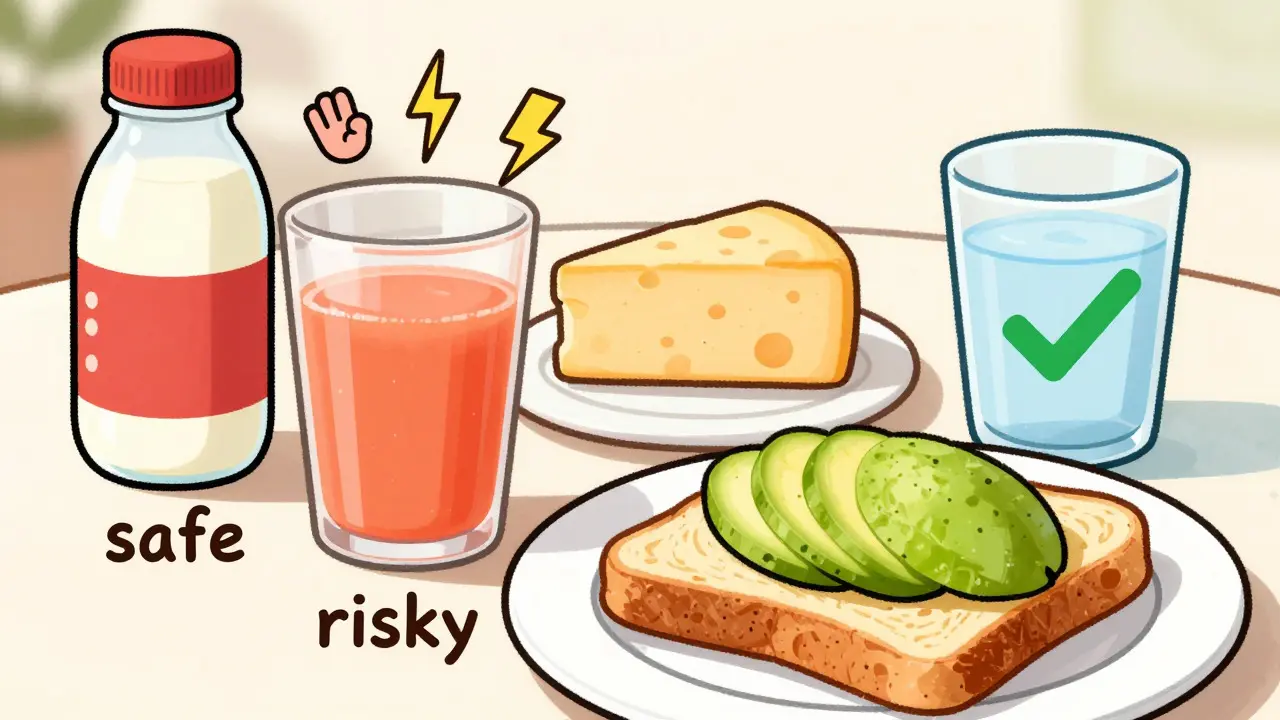 Breakfast table comparing risky foods like grapefruit with safe options