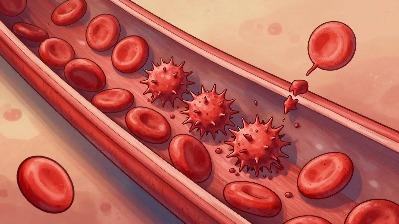 Cross-section of an artery showing Lp(a) particles forming plaque and clots