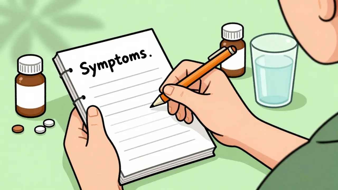 Digital cartoon of hands writing in a symptom journal next to pill bottles