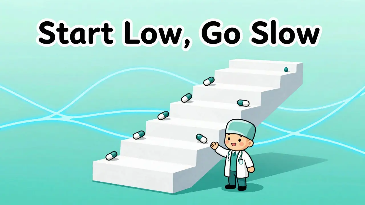 Doctor guiding patient up gradual dosage stairs