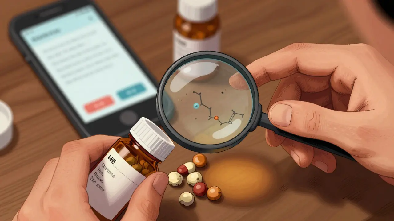 Hands inspecting suspicious pills with magnifying glass under dramatic light