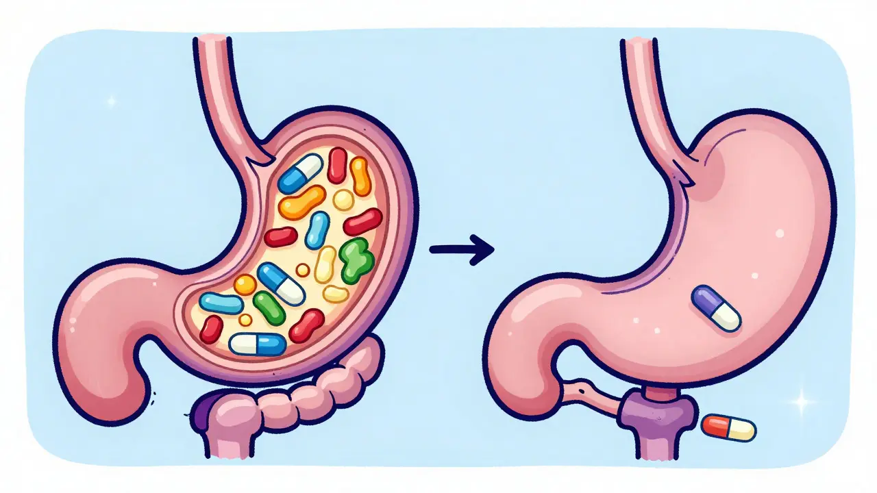 Illustrated stomach showing how food affects drug absorption rates