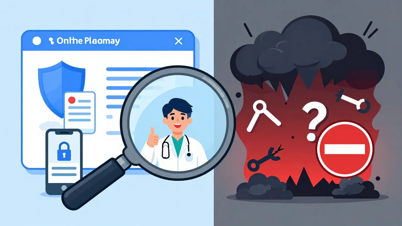 Illustration comparing safe online pharmacies with scam websites
