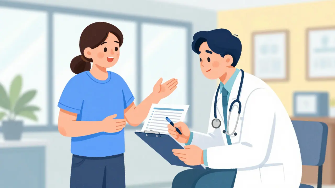 Illustration of a patient presenting notes to an attentive doctor in a clinic