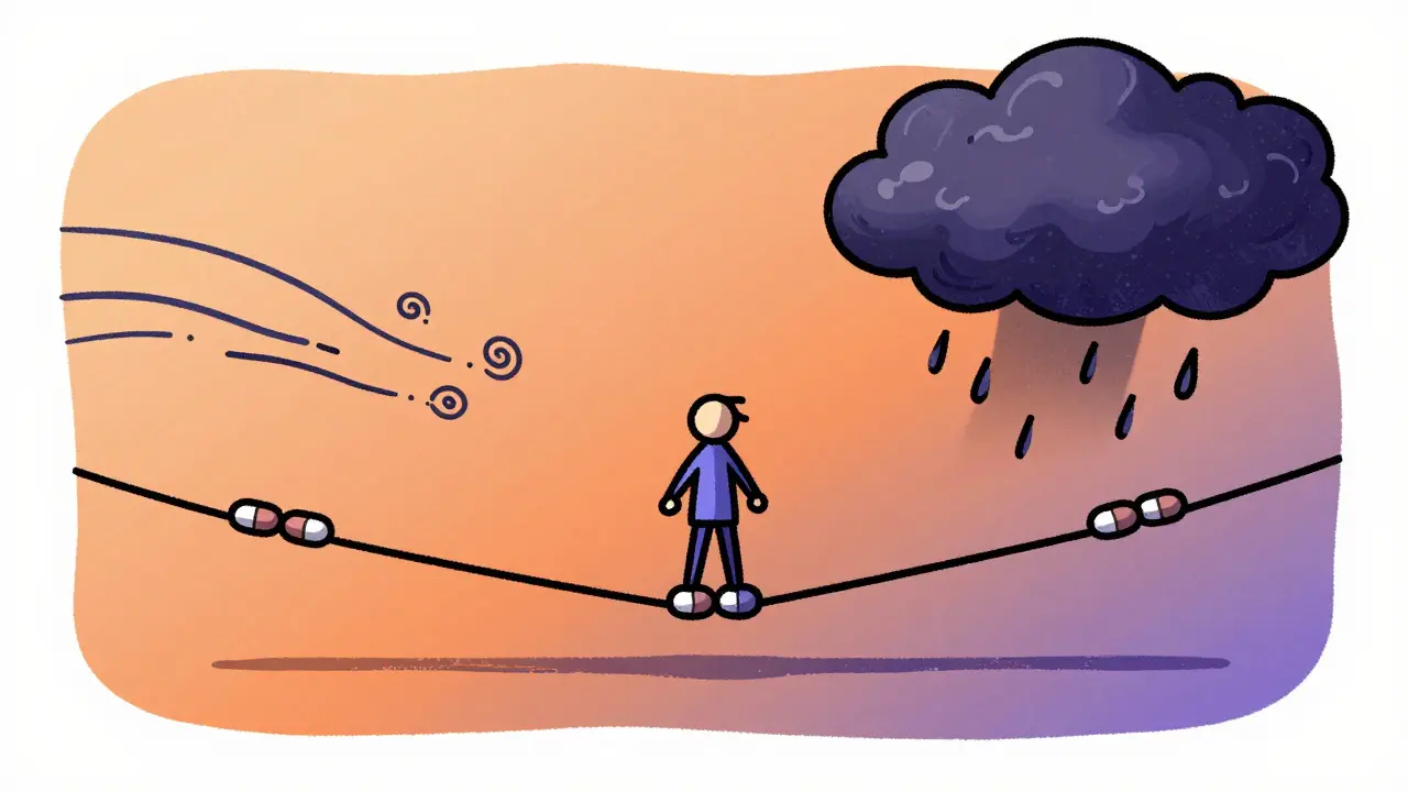Illustration of a person balancing on a tightrope of pills