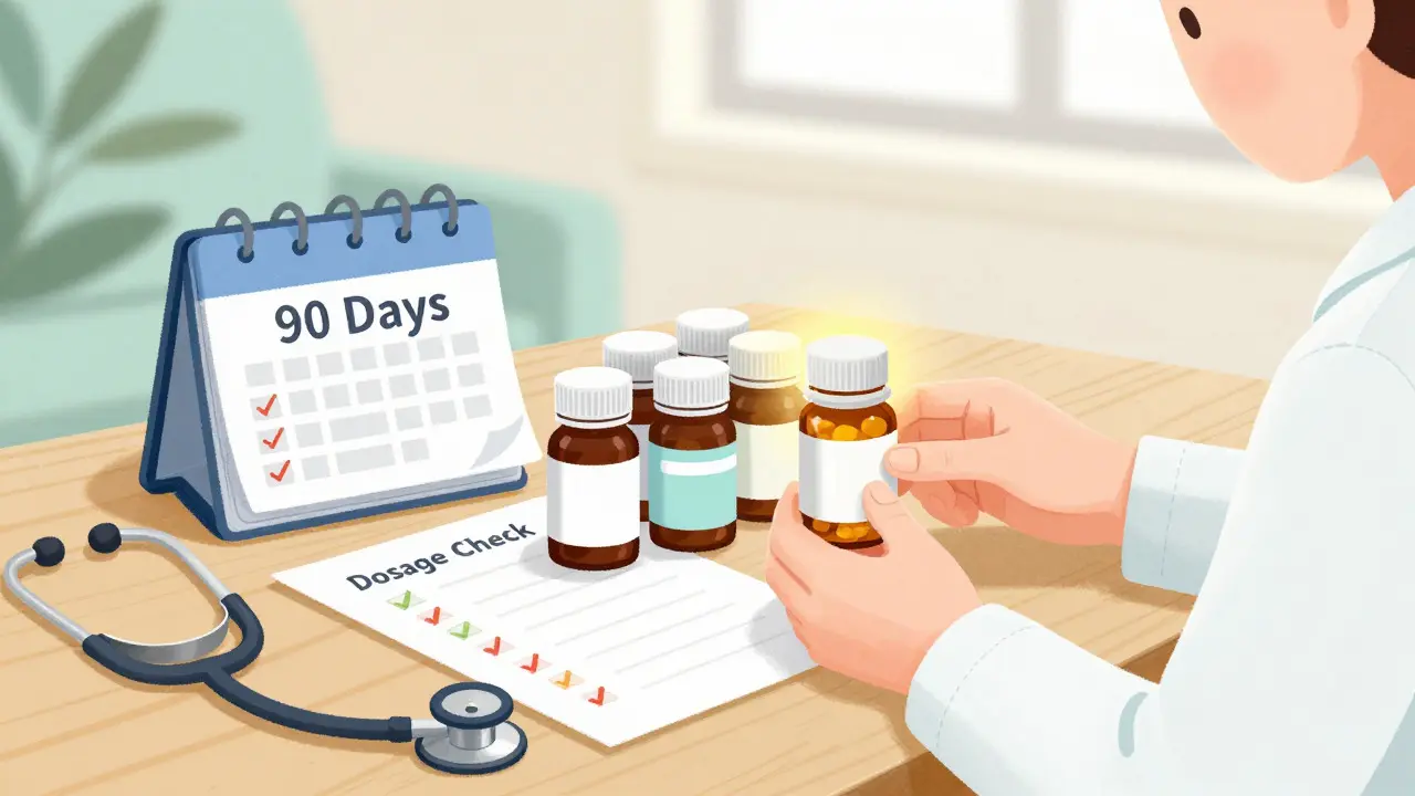 Person organizing medication bottles and checking a 90-day calendar