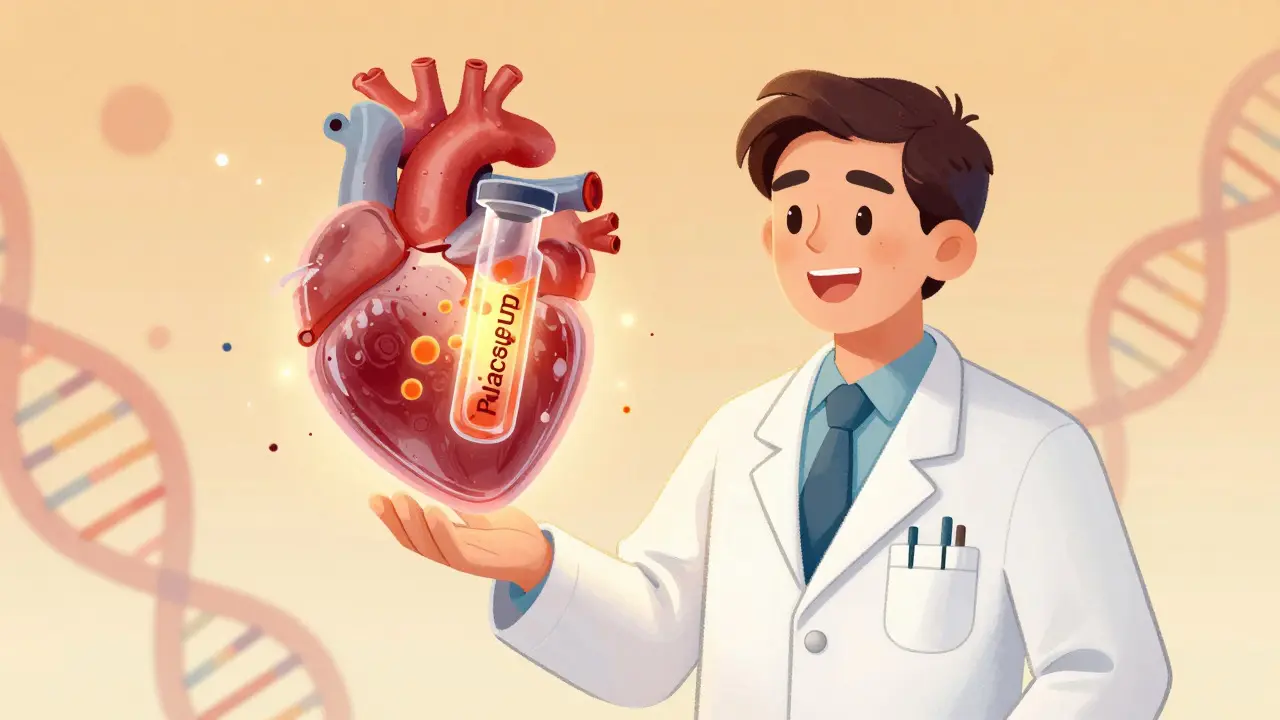 Scientist holding a vial of new medication with a healthy heart in the background